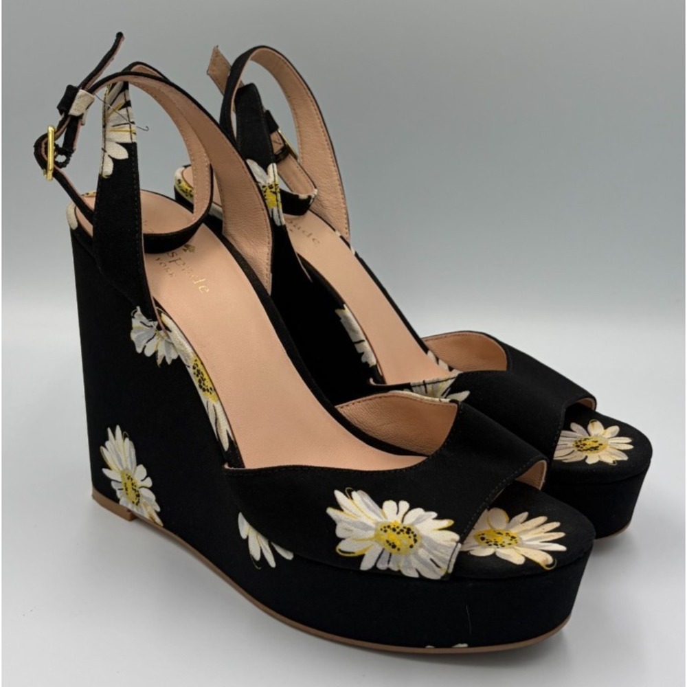 Kate Spade Dellie Daisy Wedge Sandals Womens 8M Black Floral Platform Heels